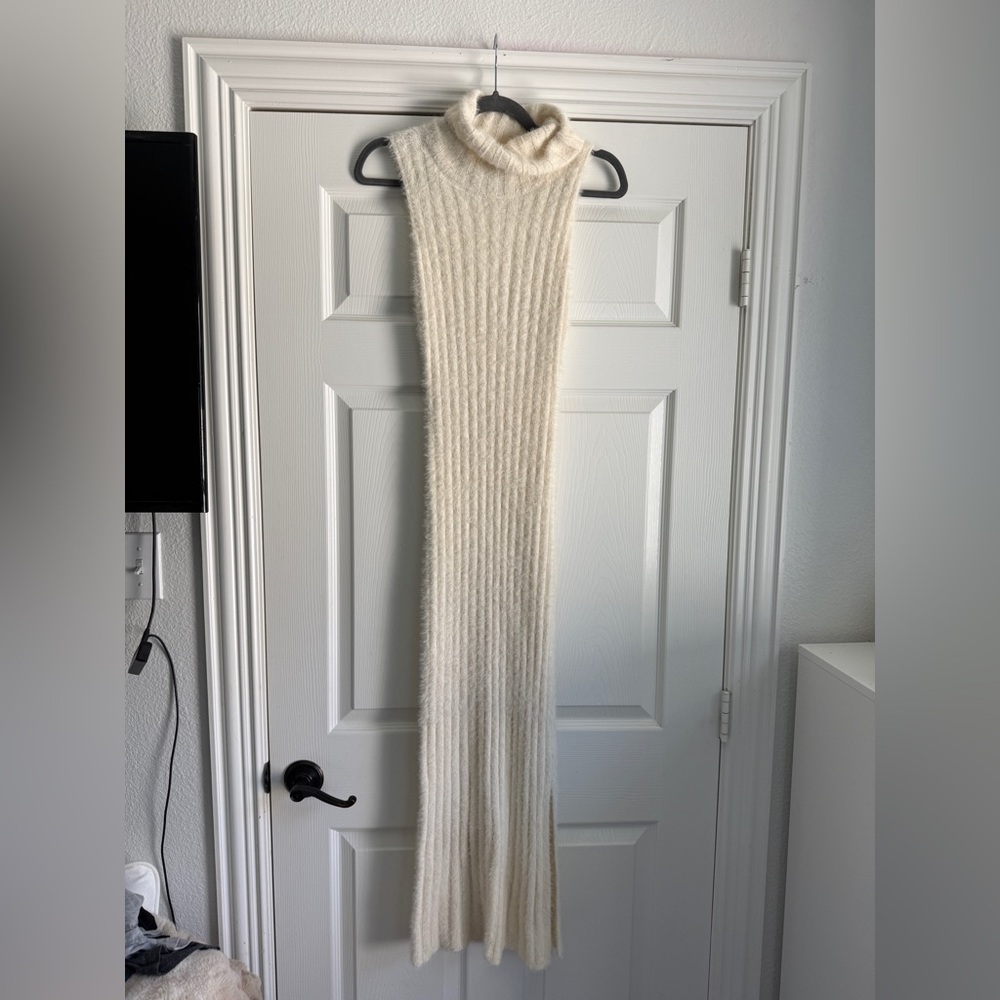 Cream Ribbed Turtleneck Maxi Sweater Dress